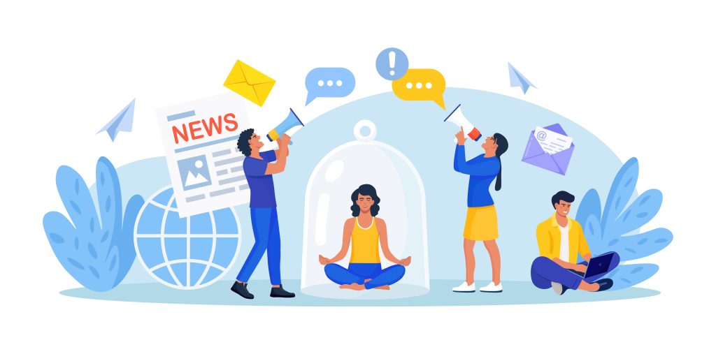 Stop spreading hoax and fake news. Young woman meditate under glass dome trying to stop false news from television, internet. Information noise, check spam. Online media, disinformation, propaganda